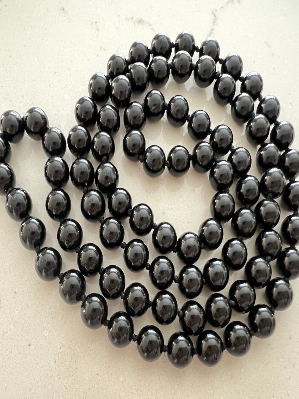 Vintage Hand-Knotted Black Onyx 8mm Beads 30" Opera Necklace 59g NOS